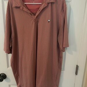 Southern Tide Coral Polo with Light Blue & White Stripes